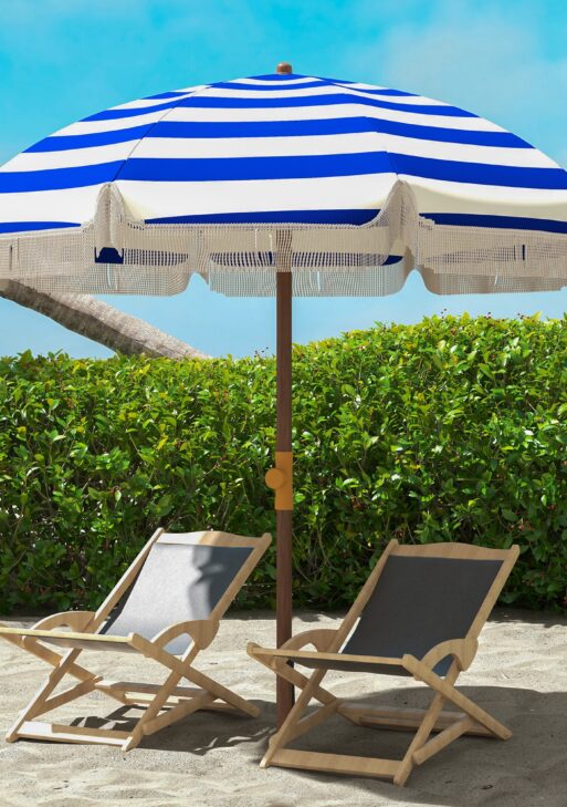 6.2' Beach Umbrella for Travel, Vent, Ruffles, Carry Bag, Portable Outdoor Umbrella for Garden, Blue Stripe