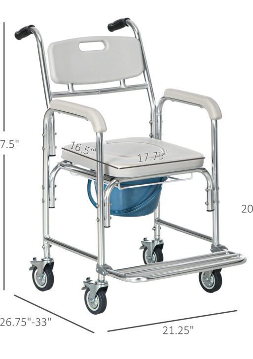 3-in-1 Shower Commode Wheelchair, FSA/HSA Eligible Transport Beside Commode Chair, Waterproof Rolling Over Toilet Chair 330 lbs. Weight Capacity with Padded Seat, Gray