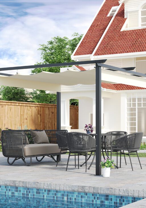 10' x 10' Retractable Pergola Canopy, Patio Gazebo, Sun Shelter with Aluminum Frame for Outdoors, Cream White