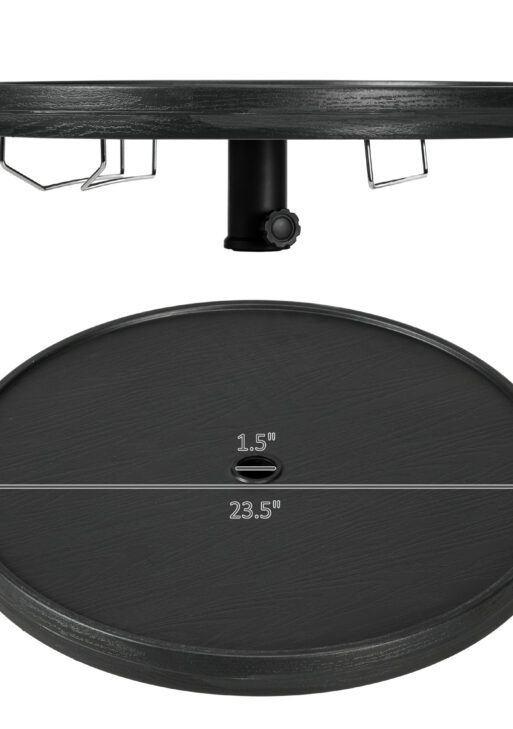 Beach Umbrella Table Tray with Wine Glass Holder and Foldable Towel Rack, 23.5", Black