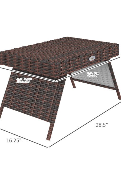 Folding Rattan Side Table, Outdoor End Table, Hand Woven PE Rattan Coffee Table for Balcony, Backyard, Garden, Lawn, Courtyard, Brown