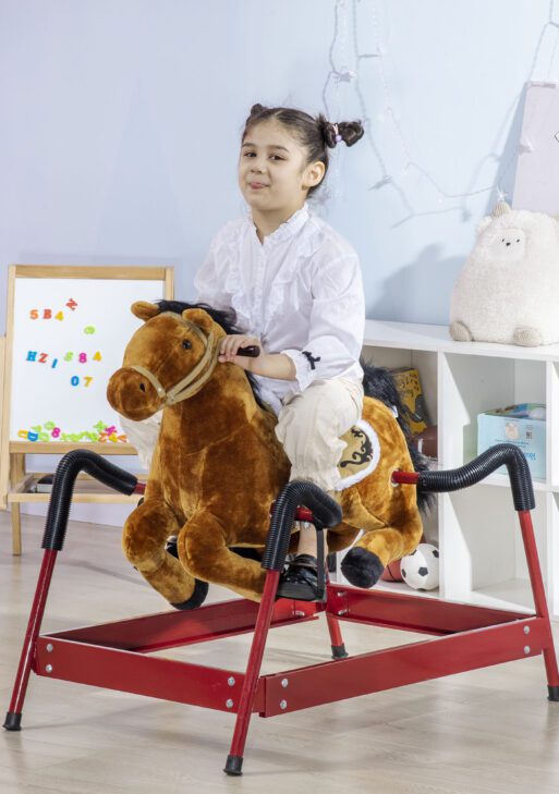 Kids Spring Rocking Horse, Ride on Horse for Girls and Boys with Animal Sounds, Plush Animal Ride-on Toy with Soft Feel, Interactive Toy for Kids, Light Brown