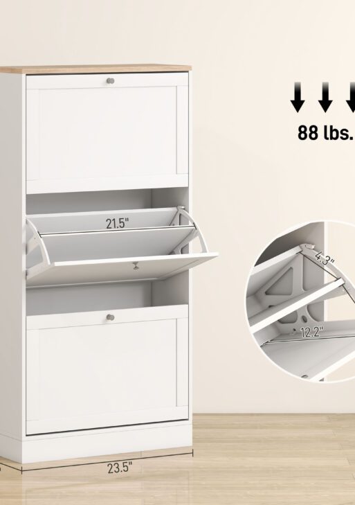 Modern Shoe Storage Cabinet with 3 Flip Drawers and Adjustable Shelves for 12-18 Pairs of Shoes, White