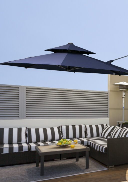 11ft Cantilever Patio Umbrella with Base, Double Top Hanging Aluminum Offset Umbrella with 360° Rotation, Easy Tilt, 8 Ribs, Crank, Cross Base for Backyard, Dark Blue