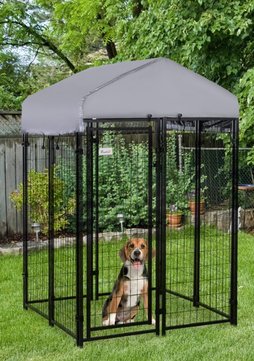 Outdoor Dog Kennel with Roof, 4' x 4' x 6' Heavy Duty Welded Wire Dog Playpen Enclosure with Escape-proof Lock, UV-Resistant & Waterproof Cover, for Medium Dogs, Chickens, Ducks, Silver