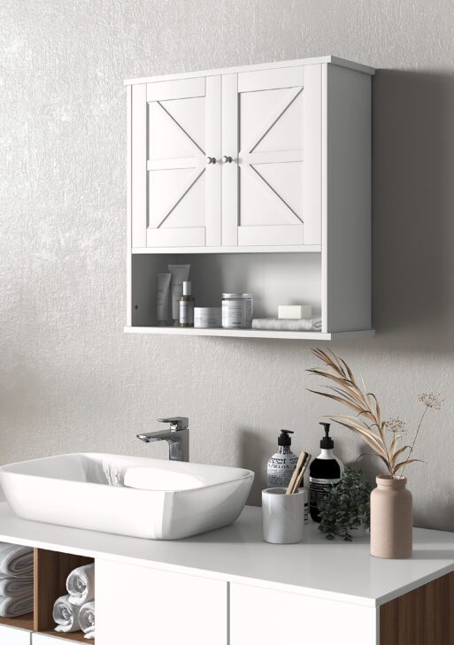 Farmhouse Bathroom Medicine Cabinet, Wall Cabinet with Barn Doors and Adjustable Shelf for Laundry Room, White