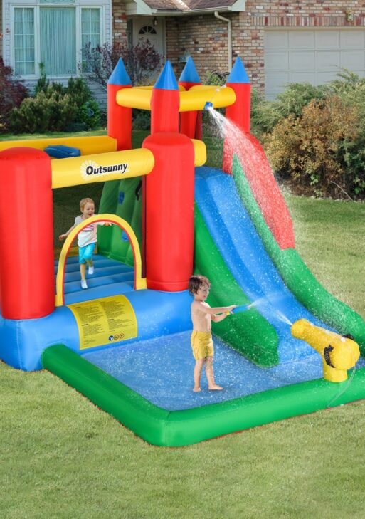 Kids Bounce House Inflatable Slide with Splash Pool, Water Cannon, Climbing Wall, Inflator Included, 6 in1 Bouncy Castle Kids Backyard Activity Outdoor Water Play Toy