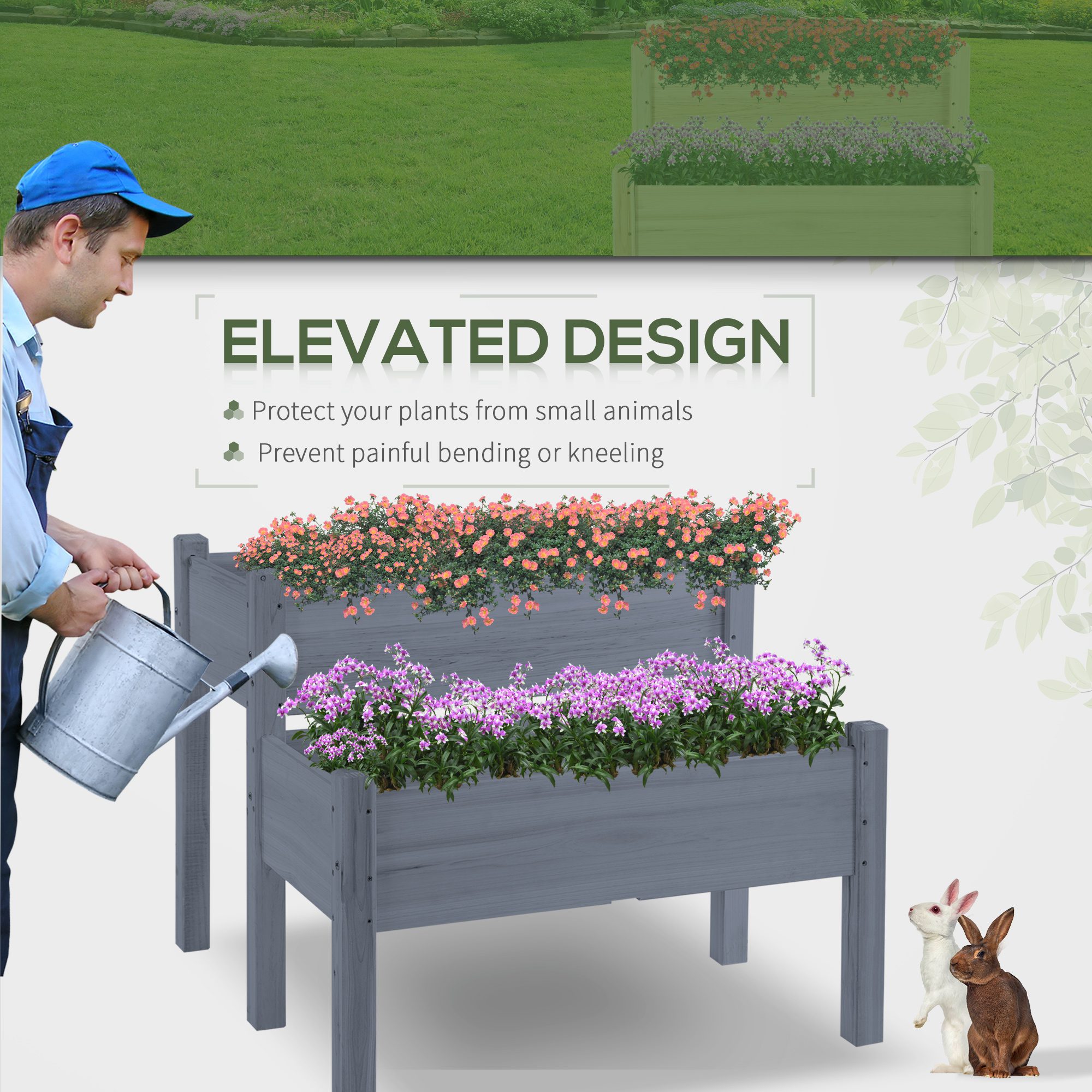 34"x34"x28" Raised Garden Bed 2-Tier Wooden Planter Box for Backyard, Patio to Grow Vegetables, Herbs and Flowers, Gray - Image 2