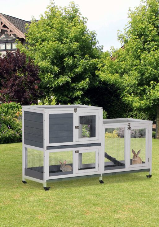 Wooden Rabbit Hutch Bunny Hutch Elevated Pet House Cage Small Animal Habitat with No Leak Tray Lockable Door Openable Top for Rabbits, Chickens, Ducks, Indoor 57.75" x 18" x 32.5" Gray