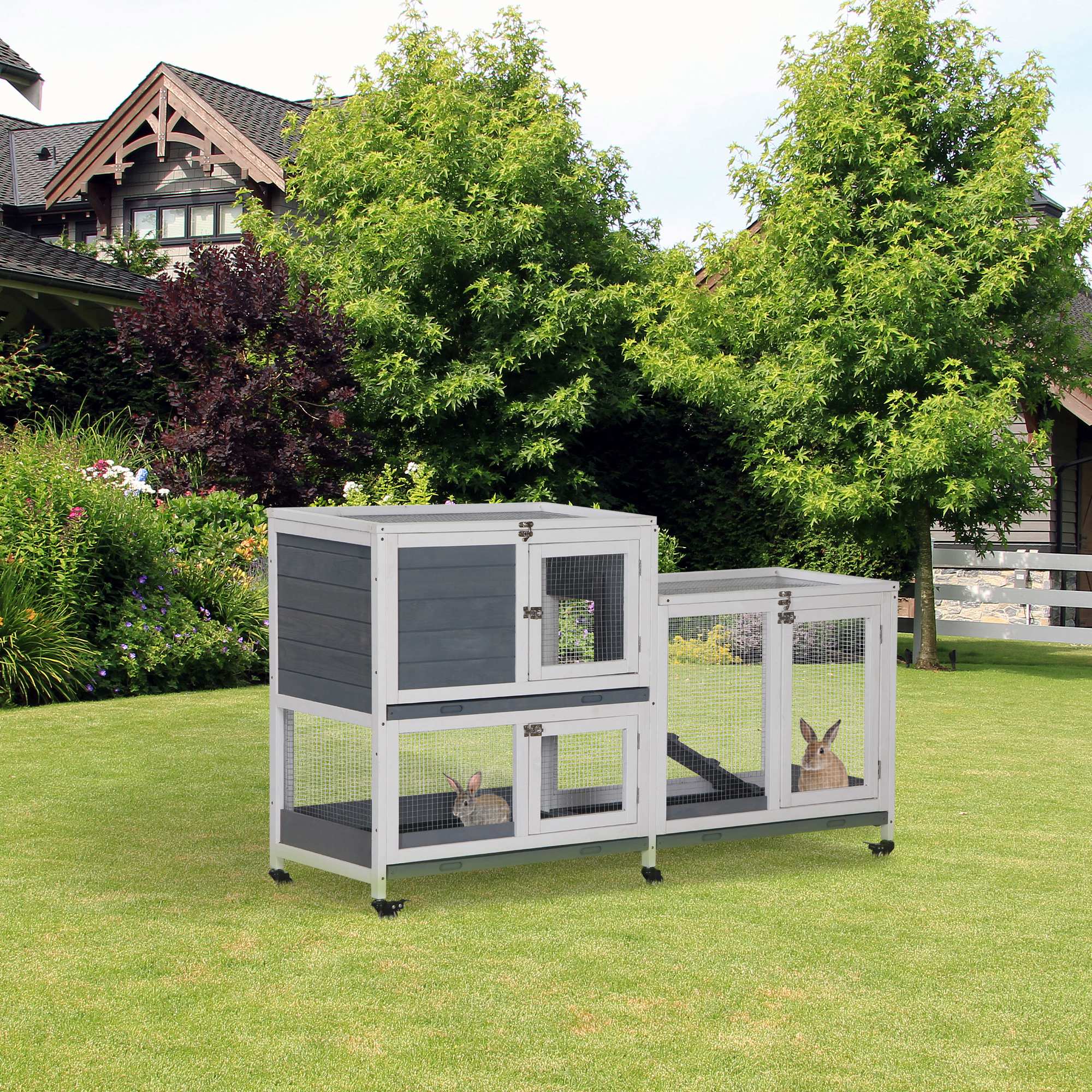 Wooden Rabbit Hutch Bunny Hutch Elevated Pet House Cage Small Animal Habitat with No Leak Tray Lockable Door Openable Top for Rabbits, Chickens, Ducks, Indoor 57.75" x 18" x 32.5" Gray