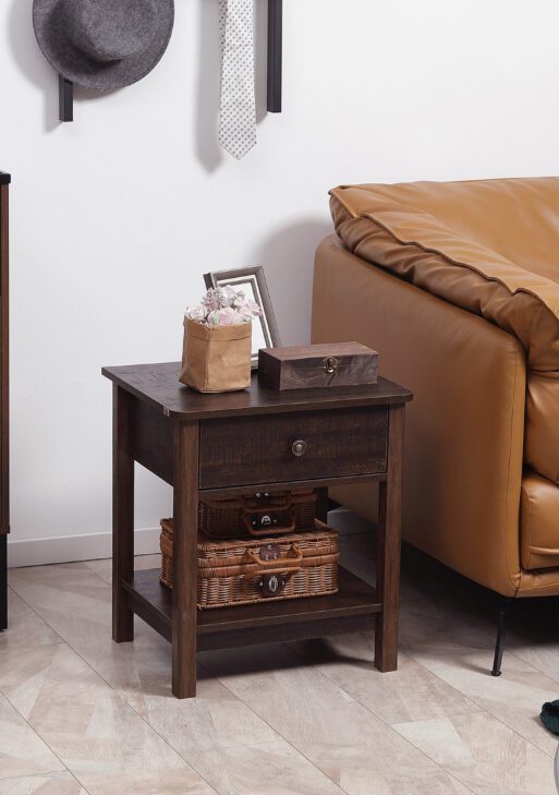 End Table with Drawer, Side Table with Top and Bottom Shelf for Small Spaces, Dark Brown
