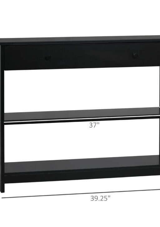 Console Hallway Table with Extra Wide Pull Out Drawer, 2 Open Shelves and Slatted Wood Frame Design, Black