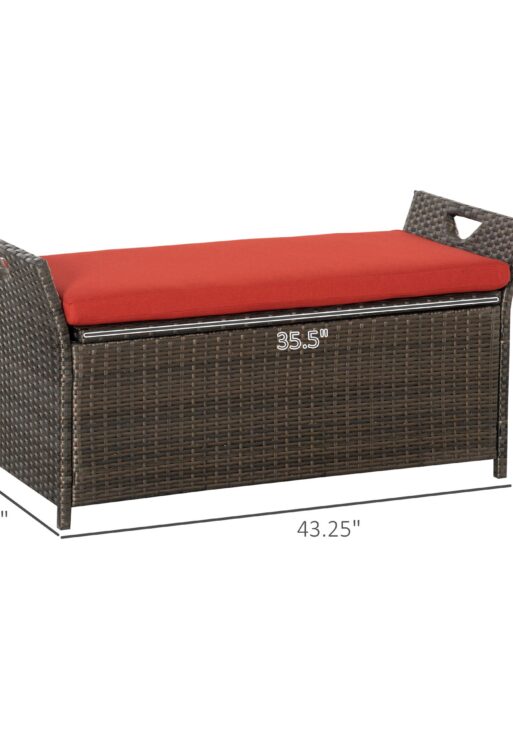 29 Gallon Patio Wicker Storage Bench, Outdoor PE Rattan Patio Furniture, 2-In-1 Large Capacity Rectangle Garden Storage Box with Handles and Cushion, Red