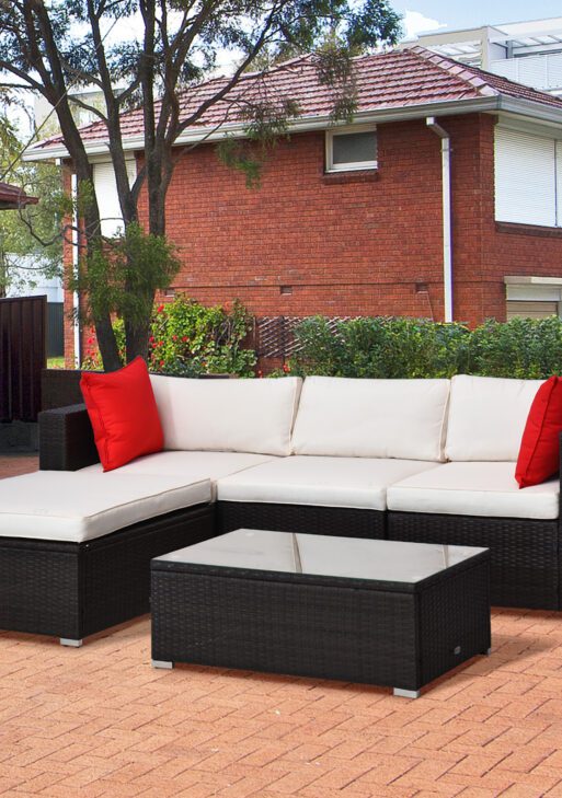 5-Piece Patio Furniture Set with Cushions, Outdoor PE Rattan Wicker Sofa Set, Sectional Furniture with Pillows, Glass Coffee Table for Garden, Backyard, Brown/Cream White
