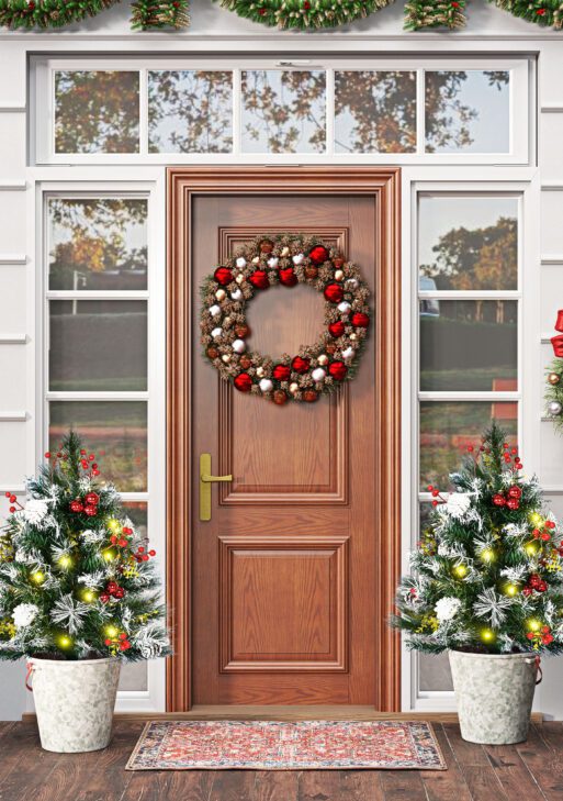 2.5 Ft/30" 2 Pack Outdoor Entryway Pre-Lit Artificial Christmas Tree Cordless with 70 Branches, Warm White LED lights, Red Berries, Pine Cones, Balls, Green