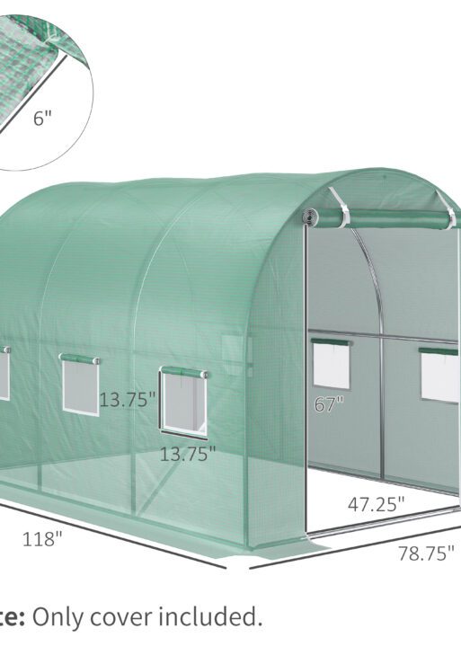 9.8' x 6.6' x 6.6' Plastic Greenhouse Cover Replacement, Heavy Duty Waterproof Tarp for Hoop House, Sheeting with 6 Windows, Door & Reinforcement Grid, Green