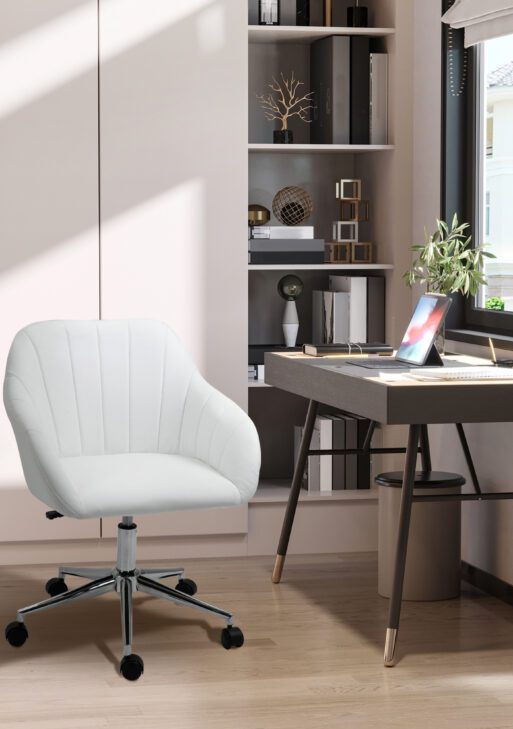 Mid Back Home Office Chair Computer Desk Chair with PU Leather, Adjustable Height, Swivel Wheels for Study, Bedroom, White
