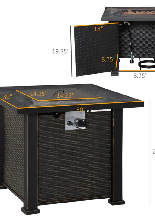 30 Inch Outdoor Propane Gas Fire Pit Table, 50,000 BTU Auto-Ignition Square Wicker-effect Gas Firepit with Ceramic Tabletop, Lid, Lava Rocks & Rain Cover, CSA Certification