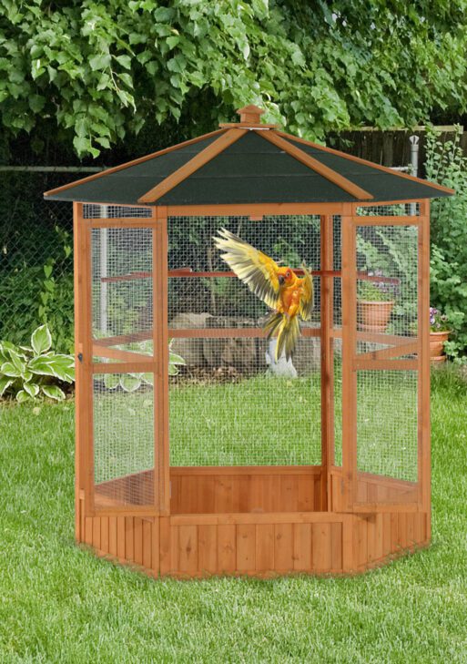 69" Wooden Hexagonal Outdoor Aviary Flight Bird Cage With Covered Roof, Brown