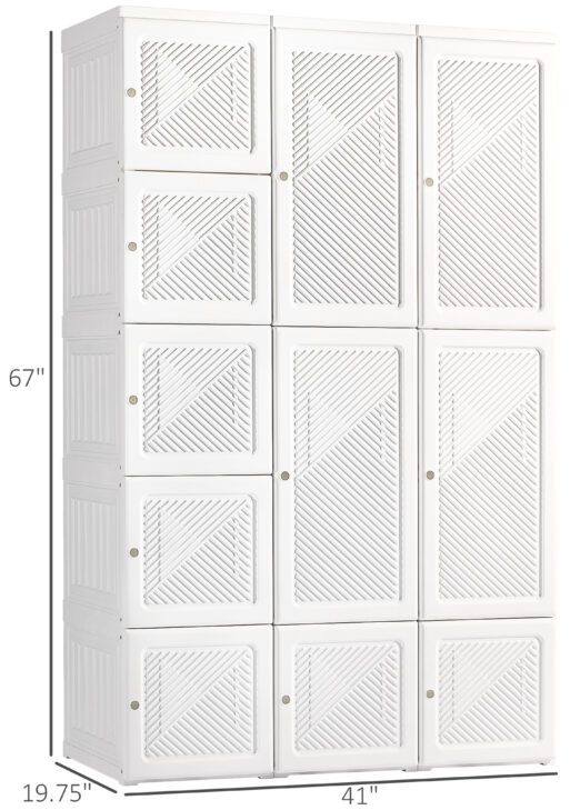 Portable Wardrobe Closet, Folding Clothes Storage Organizer with 8 Cube Compartments, 2 Hanging Rods, 11 Magnet Doors, White