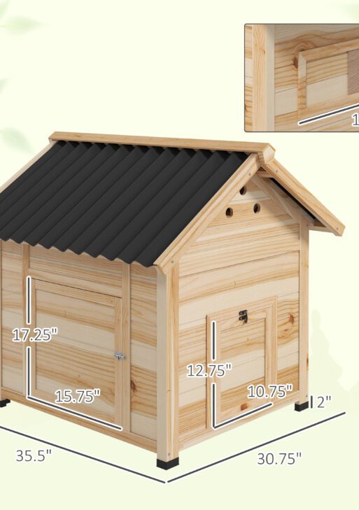 Duck Coop, Wooden Duck House with Openable Roof & Double Doors, Natural Wood