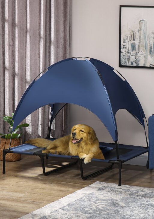 48" x 36" Elevated Portable Dog Cot Cooling Pet Bed with UV Protection Canopy Shade, Dark Blue