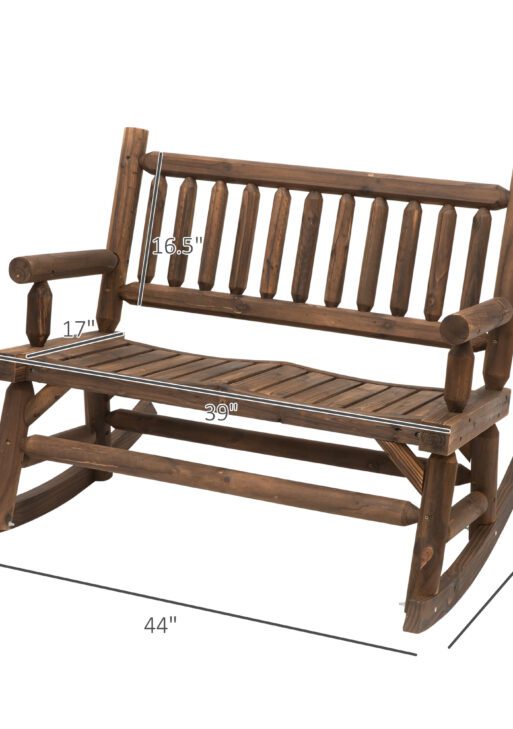 2-Person Wood Rocking Chair with Log Design, Heavy Duty Loveseat with Wide Curved Seats for Patio, Backyard, Garden, Walnut
