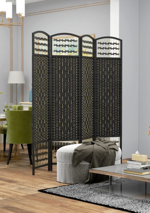 4 Panel Room Divider, Folding Screen, 5.6', Black