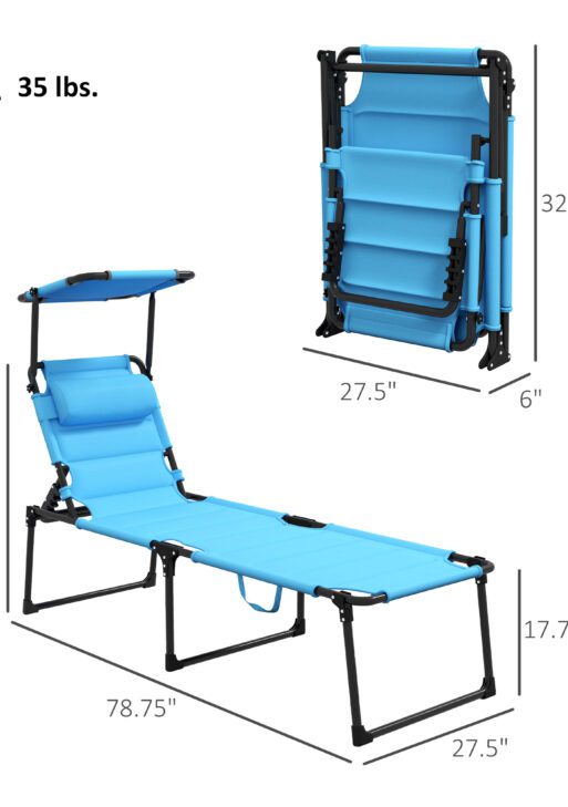 2 Pcs Outdoor Lounge Chair, 4 Position Adjustable Backrest, Folding, Cushioned w/ Sun Shade Roof & Pillow, Blue