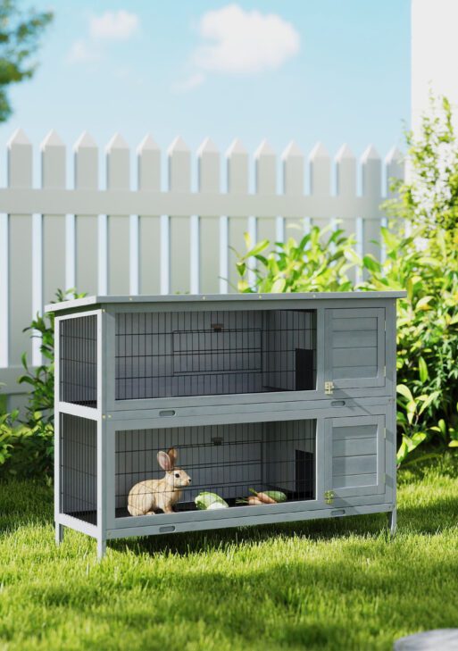 54" 2-Story Large Rabbit Hutch Bunny Cage Wooden Pet House Small Animal Habitat with Lockable Doors, No Leak Tray and waterproof Roof for Rabbits, Chickens, Ducks, Outdoor/Indoor Gray