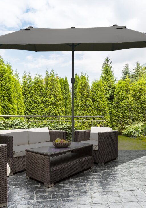Patio Umbrella 15' Steel Rectangular Outdoor Double Sided Market with base, UV Sun Protection & Easy Crank for Deck Pool Patio Dark Gray