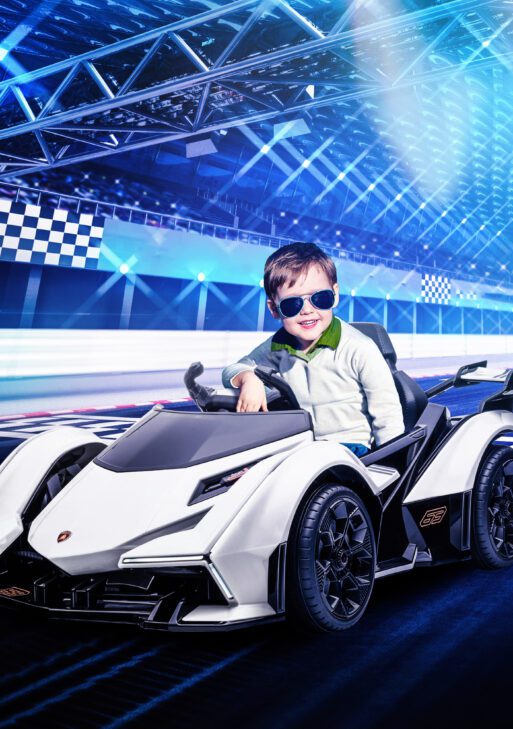 12V Electric Ride-on Car, Licensed Lamborghini V12 Vision Gran Turismo Battery-Powered Ride-on Toy with Remote Control, Music, LED Lights, for 3-6 Year Old Boys and Girls, White