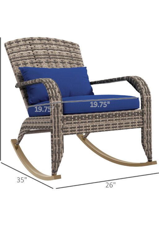 Adirondack Chair, Outdoor Wicker Rocking Chair with High Back, Seat Cushion, and Pillow for Porch, Balcony, Dark Blue
