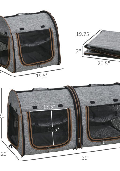 39" Portable Soft-Sided Cat Carrier, Cat Kennel, Travel Dog Crate with Divider, Two Compartments, Soft Cushions & Storage Bag, Easy to Fold, Light Gray