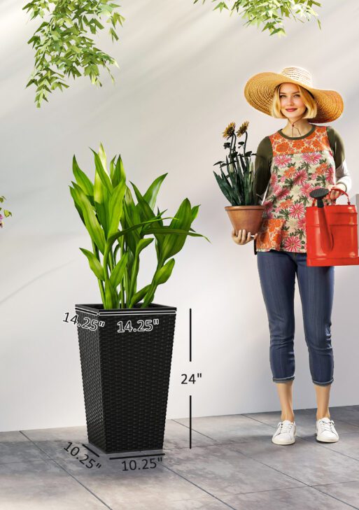 Tall Planters for Outdoor Plants Set of 3, 24 In Taper Planters with Drainage Holes, Rattan Decor Plant Pots for Indoor Outdoor Front Porch Patio Backyard, Black