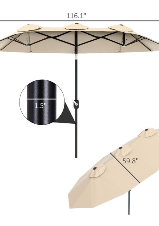 Double Sided Patio Umbrella, 9.7' Large Outdoor Market Umbrella with Push Button Tilt and Crank, 3 Air Vents and 12 Ribs, for Garden, Deck, Pool, Brown