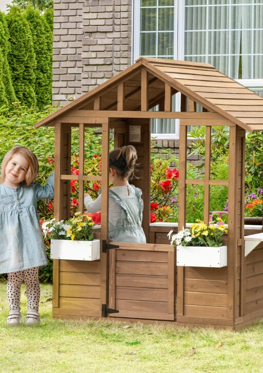 Kids Wooden Playhouse, Outdoor Garden Games Cottage with Flowers Pot Holder, Working Door, Windows, Brown