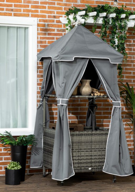 Outdoor Towel Valet Caddy, Covered Poolside Towel Holder Rack, Shelf, Basket, Rolling PE Rattan Wicker Storage on Wheels, Gray