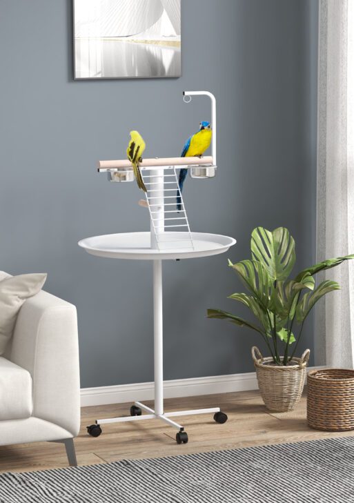 Bird Stand with Wheels, Perches, Feed Bowls, Round Tray for Parrot