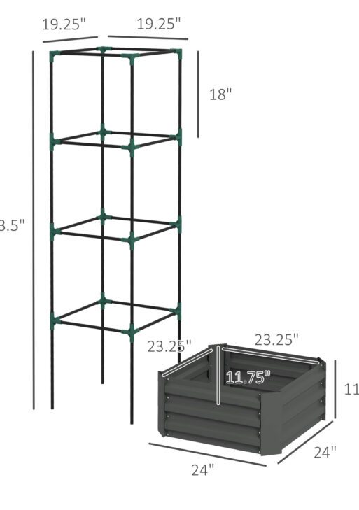 Galvanized Planter Box, 24" x 24" x 73.5" Raised Garden Bed with Tomato Cage for Climbing Vines, Dark Gray