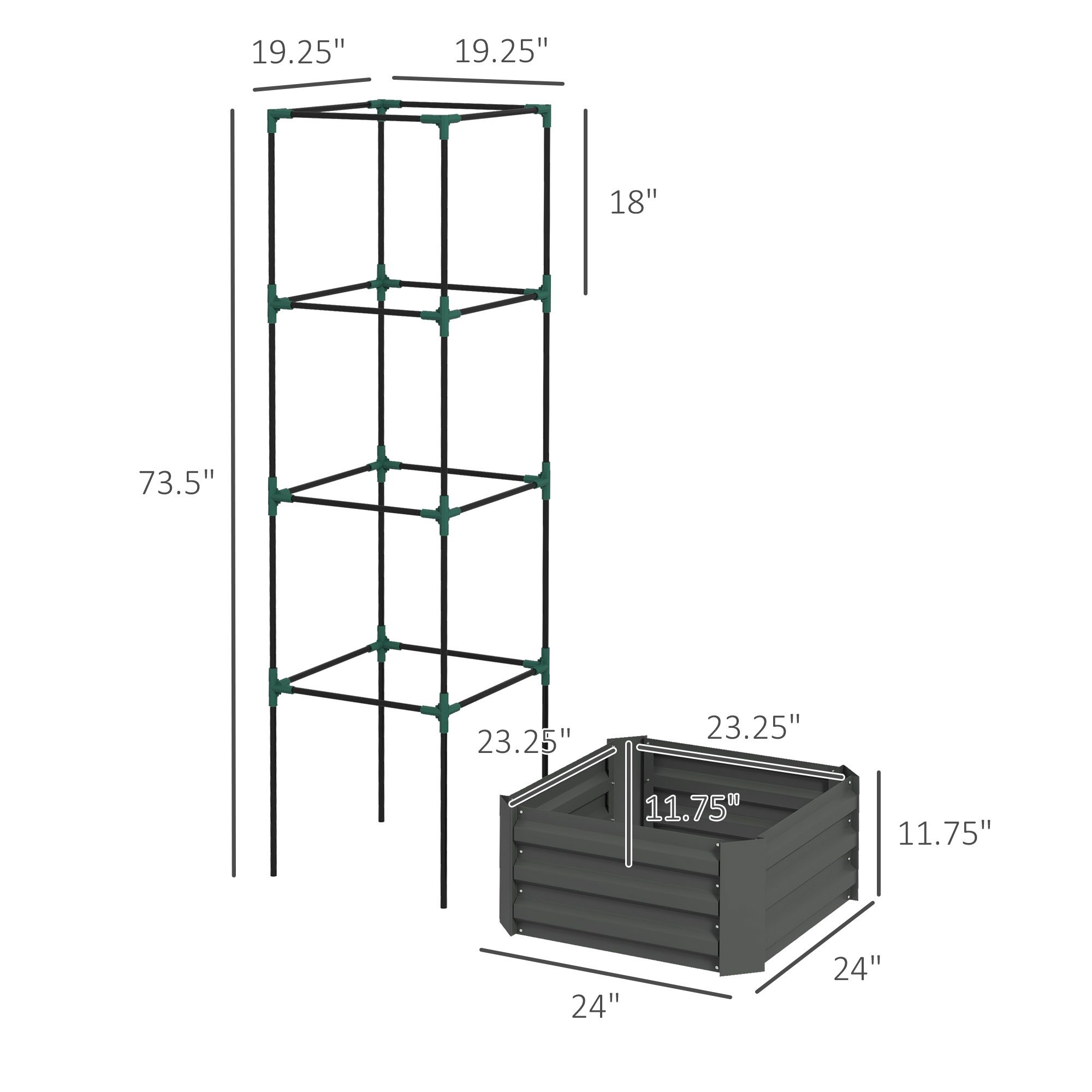 Galvanized Planter Box, 24" x 24" x 73.5" Raised Garden Bed with Tomato Cage for Climbing Vines, Dark Gray - Image 1