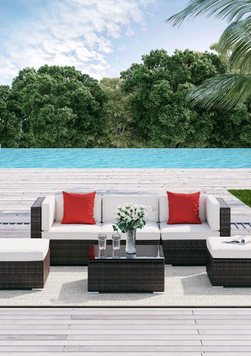 6 Piece Patio Furniture Set Outdoor Wicker Conversation Set All Weather PE Rattan Sectional Sofa Set with Ottoman, Cushions and Tempered Glass Table, Mixed Brown and Cream White