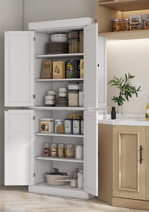 72" Kitchen Cabinet, Pantry Storage Cabinet with Doors and Shelves, Freestanding Food Pantry Cabinet, White