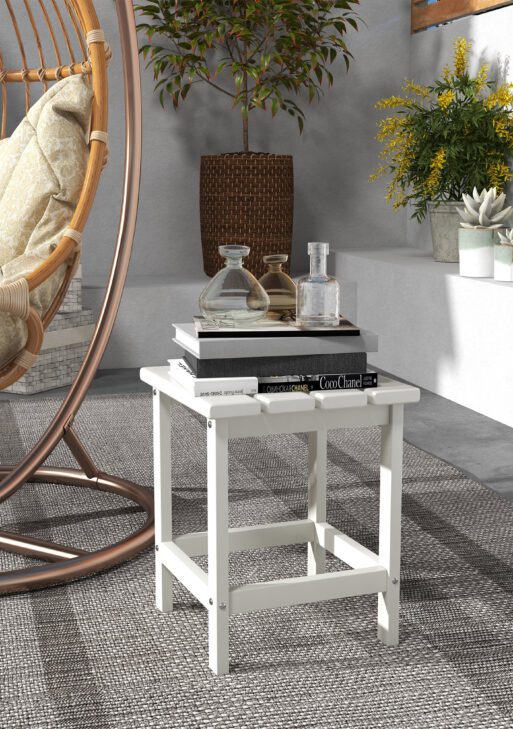 Adirondack Side Table, Square Patio End Table, Weather Resistant 15" Outdoor HDPE Table for Porch, Pool, Balcony, White