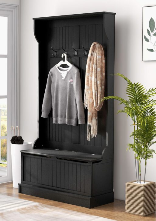 3-In-1 Entryway Bench with Coat Rack, Hall Tree with Bench and Shoe Storage, 5 Hooks for Hallway Black