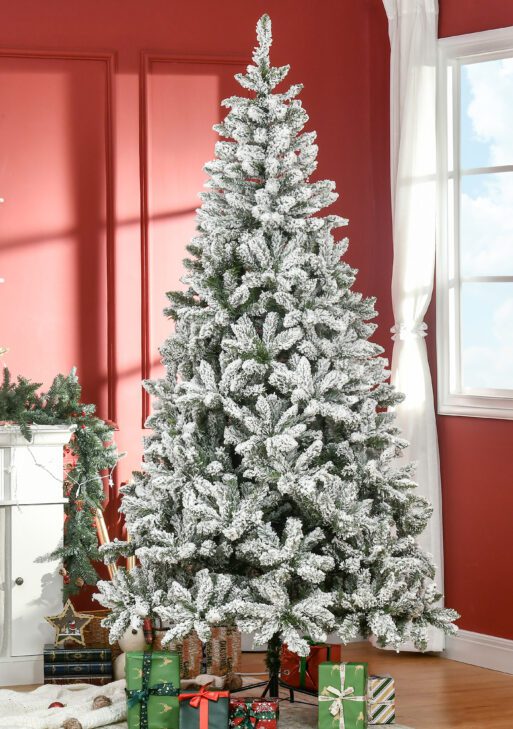 7.5' Tall Unlit Snow Flocked Pine Artificial Christmas Tree with Realistic Branches, Green