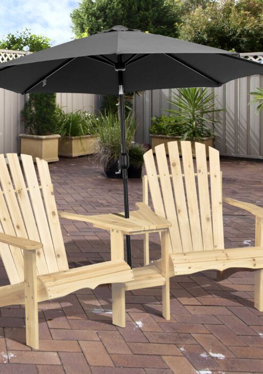 Fire Pit Seating, 2 Wooden Adirondack Chairs with Outdoor Table & Umbrella Hole, Wood 2 Person Adirondack Bench, Natural
