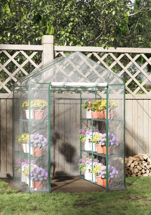 5' x 5' x 6' Mini Walk-in Greenhouse Kit, Portable Green House with 3 Tier Shelves, Roll-Up Door, and Weatherized Plastic Cover for Backyard Garden, Clear
