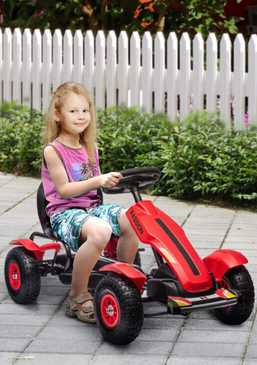 Kids Pedal Go Kart W/ Adjustable Seat, Rubber Wheels, Red