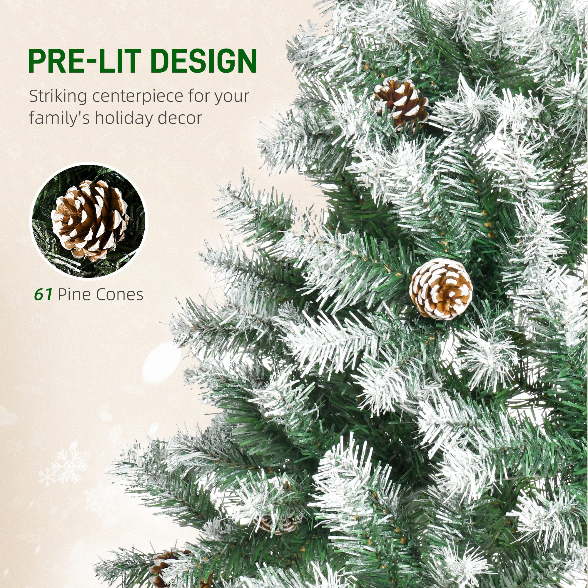 6ft Unlit Snow-Dusted Full Fir Artificial Christmas Tree with Realistic Branches, 61 Pine Cones and 800 Tips - Image 4